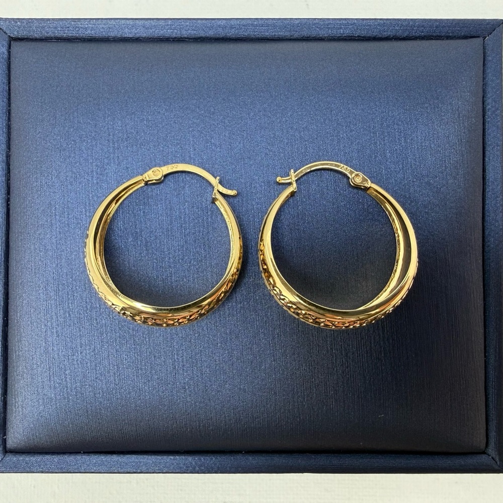 18K Genuine YG Gold Dome Hoop Earrings with Greek Design 23mm - Picture 3 of 13